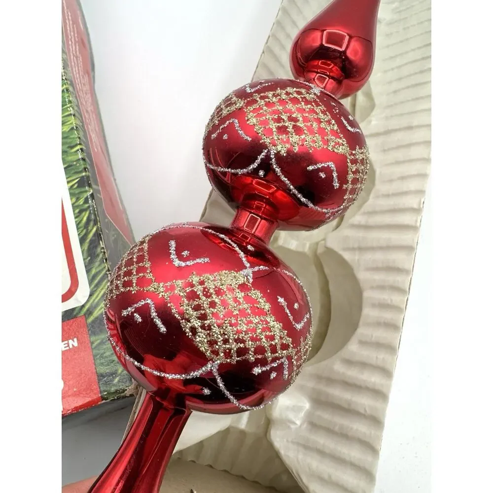 Vintage Commodore Glass Tree Topper Red 12.5” Spire Finial Gold Silver Romania
